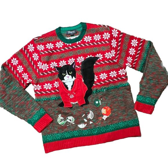 Grumpy Cat Ugly Christmas Sweater Large Broken Ornaments Tuxedo 33Degrees - Picture 1 of 7